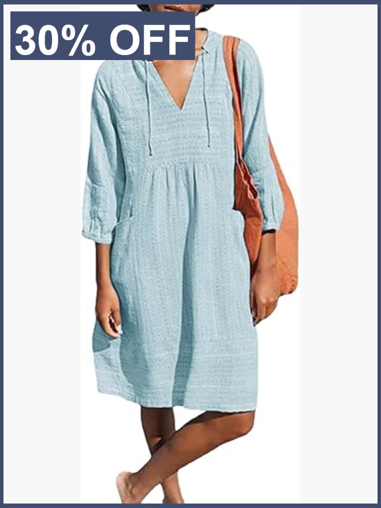 V Neck Cotton Loose Shift Tunic Dress With Pockets 3/4 Sleeve Summer